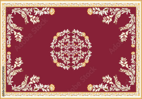 Persian Red rug original Design Oreintal Flora Damasks embroidery, Persian style. art ornament print.Design for carpet, cover.wallpaper, wrapping, fabric, clothing, tribal vector texture.