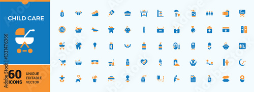 Child Care colorful modern icons set. Featuring kid, feeding, health, love, baby, child. Isolated icon. Care icon set. Editable vector illustration.