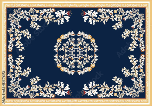 Persian Blue rug original Design Oreintal Flora Damasks embroidery, Persian style. art ornament print.Design for carpet, cover.wallpaper, wrapping, fabric, clothing, tribal vector texture.