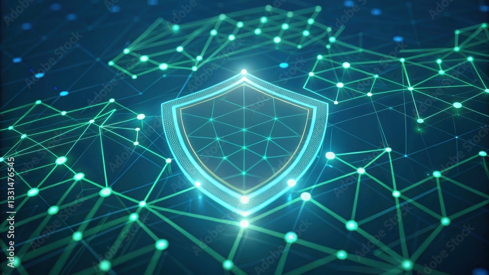 Obraz premium Digital shield icon surrounded by interconnected lines, symbolizing cybersecurity and data protection.