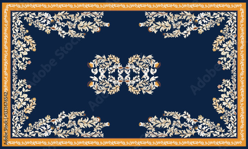 Persian Blue rug original Design Oreintal Flora Damasks embroidery, Persian style. art ornament print.Design for carpet, cover.wallpaper, wrapping, fabric, clothing, tribal vector texture.