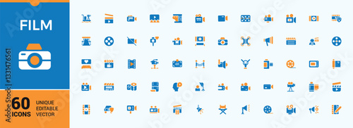 Set of Film colorful solid icons. Contains filled symbols like television, video, play, multimedia, cinema, media. UI icon set in a flat design. Entertainment filled icon collection.