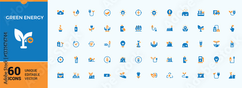 Green Energy colorful filled icon collection. Power minimal filled icons. Sign and Symbol. Energy simple icons. Editable stroke icon collections.