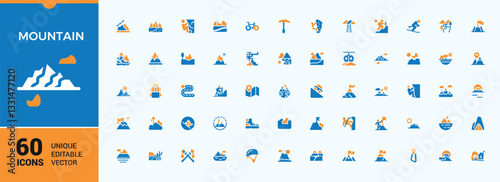 Mountain colorful vector solid icon set. Included climb, expedition, tourism, travel, rock, adventure, outdoor. Icons for UI. Climbing simple icon. Icons illustration in modern style.