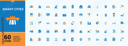 Smart Cities colorful solid icons. Included technology, city, environment, smart, urban, infrastructure and more. Icons for UI. Building icon. Conceptual pictogram and infographic.