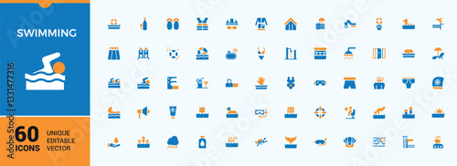 Swimming colorful icon collection. Included swimwear, shower, swimming pool, dive, beach, swimmer and more. Flat icon design. Diving solid icons. Modern vector illustration.