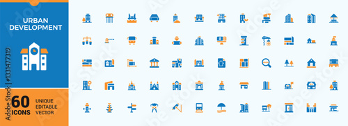 Urban Development colorful icon set. Contains related to house, city, estate, cityscape, town, skyscraper, architecture, residential, build and more. Simple icon designs. Modern vector UI icons.
