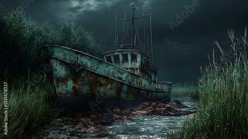 Abandoned boat in murky waters
