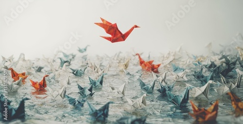 A group of paper swans and a game-changing origami bird in flight serve as metaphors for the innovative thinker's concept and new idea thinking, symbolizing revolutionary innovation and inspiration