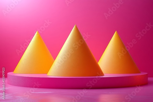Three yellow cone podiums in isosceles triangle formation on pastel background. Minimalist product display with soft lighting.