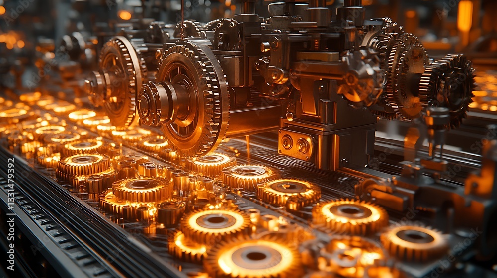 Fototapeta premium Intricate Glowing Gears in Motion Industrial Machinery Close Up