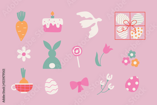 Simple cute Easter eggs, peace dove, bunny, flowers. Cartoon vector Easter illustrations for stickers, decorative elements, card, invitation