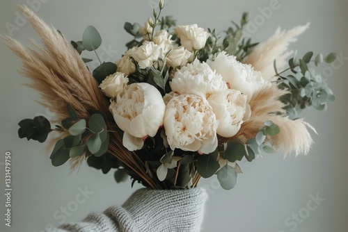 Beautiful Floral Bouquet Featuring Peonies and Greenery Against a Soft Backdrop