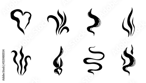 Steam smoke hand drawn line comic doodle. Aroma trail, cloud or wind silhouette. Smells hot air fragrance evaporate set. 