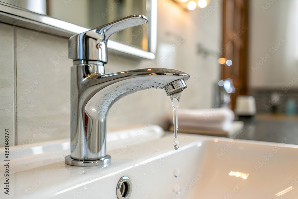 Modern Chrome Faucet with Crystal Clear Water Droplet in Elegant Bathroom Setting for Home Decor and Renovation Inspiration Modern Chrome Faucet with Crystal Clear Water Droplet in Elegant Bathroom Setting for Home Decor and Renovation Inspiration