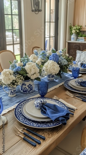 Elegant Outdoor Dining Setup With Blue Tableware and Floral Centerpieces for ...