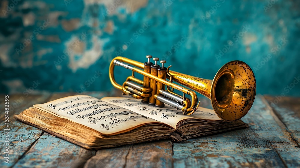 Naklejka premium Aged Brass Trumpet on Antique Music Book with Teal Background