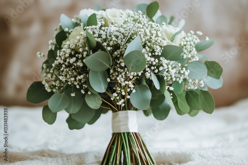 Wedding Bouquet With White Roses and Greenery Arranged on a Textured Surface ...