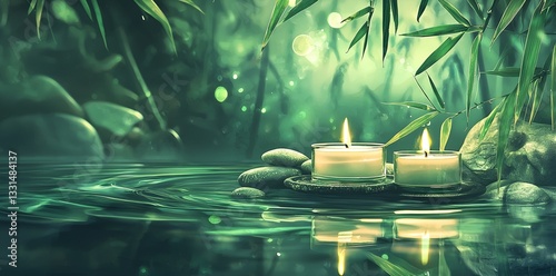 Smooth stones, candles, and green leaves are positioned to form a calming wellness scene when viewed from the side