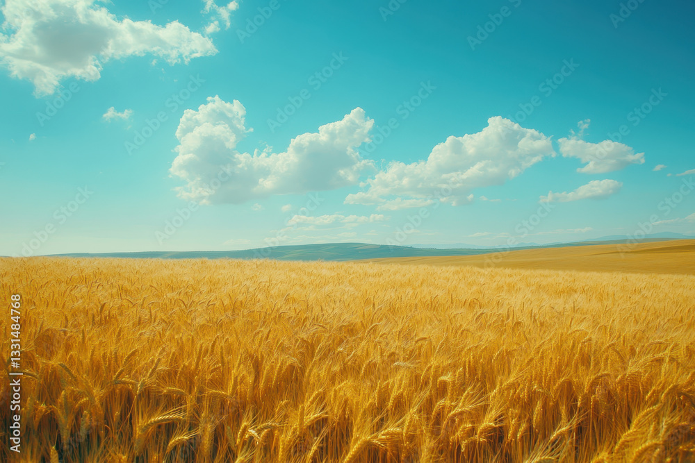 Obraz premium Golden wheat field under a blue sky with fluffy white clouds.