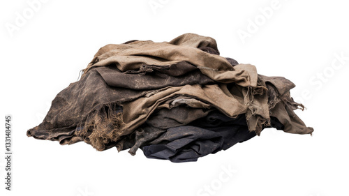 Old, worn fabrics piled together showing signs of heavy use and natural wear over time in a neutral setting