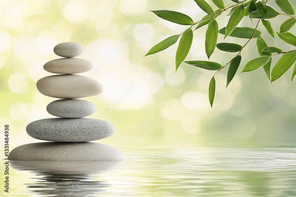 Stock image featuring Zen stones arranged in a pyramid on the surface of the water, covered with green leaves Stock image featuring Zen stones arranged in a pyramid on the surface of the water, covered with green leaves