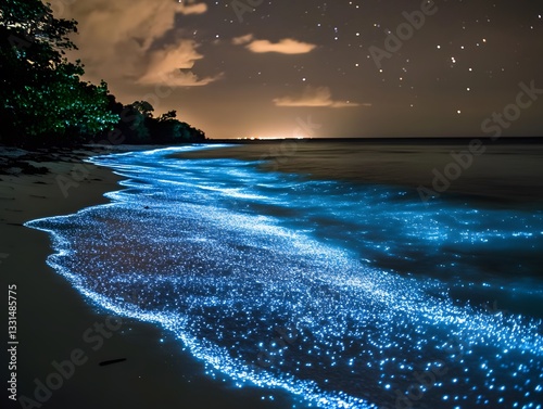 Fototapeta Naklejka Na Ścianę i Meble -  62. **A breathtaking view of a glowing bioluminescent beach at night**
