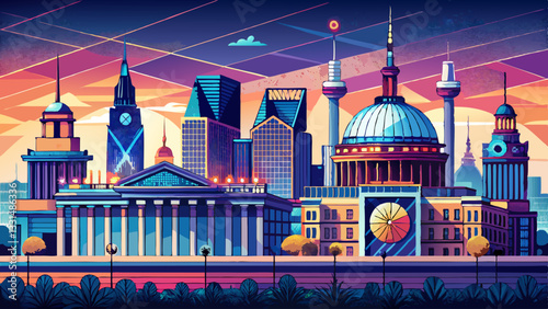 Berlin Skyline with Modern Architecture, Reichstag Building in Digital Network Style, Germany