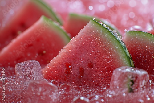 Refreshing Summertime Watermelon Slices With Ice Cubes on a Pink Background