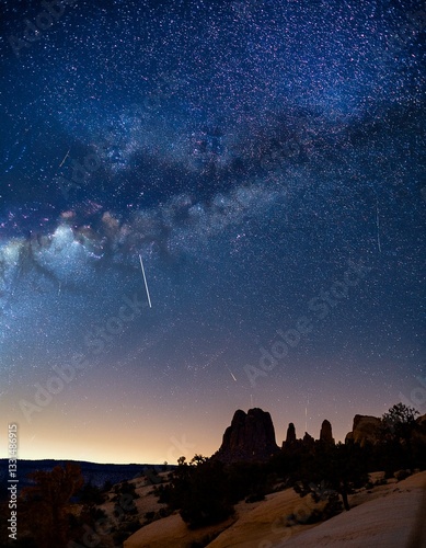 spektakulärer Meteorschauer, der den Nachthimmel in einer abgelegenen Wüsten- oder Waldlandschaft erleuchtet photo