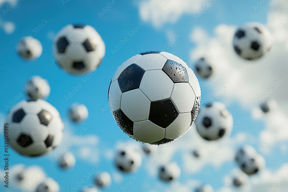 Fototapeta premium Soccer balls fly down against a blue sky.