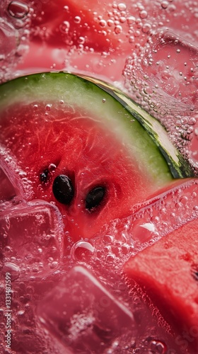 Refreshing Watermelon Slice in Bubbly Beverage With Ice Cubes on a Warm Summe...