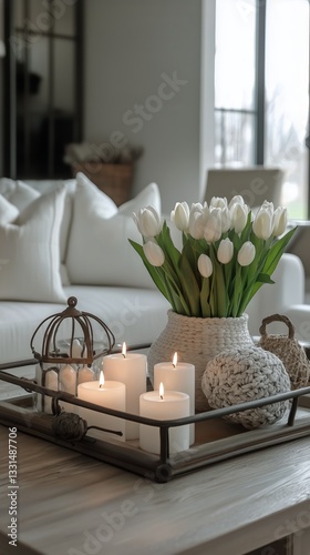 Elegant Indoor Arrangement With White Tulips and Glowing Candles in a Cozy Li...