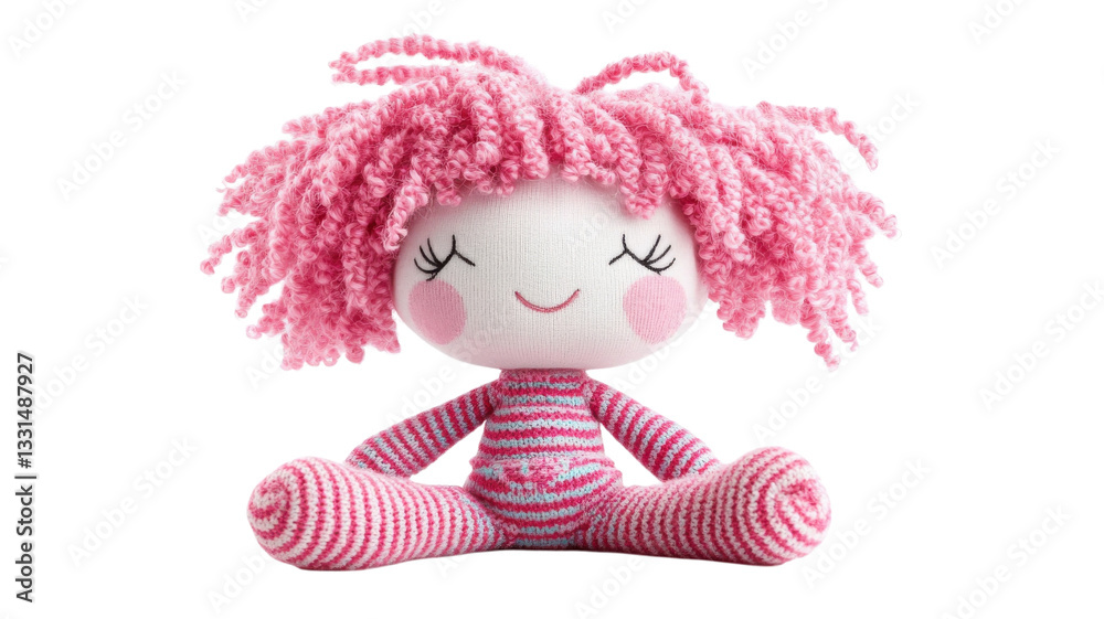 Soft pink knitted doll with curly hair sitting on a white background creating a cheerful atmosphere for children
