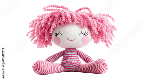 Soft pink knitted doll with curly hair sitting on a white background creating a cheerful atmosphere for children