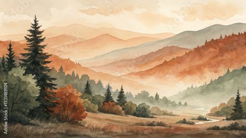 A serene watercolor landscape painting depicts rolling mountains, lush forests, and a misty valley bathed in warm autumn hues, creating a tranquil and rustic scene.