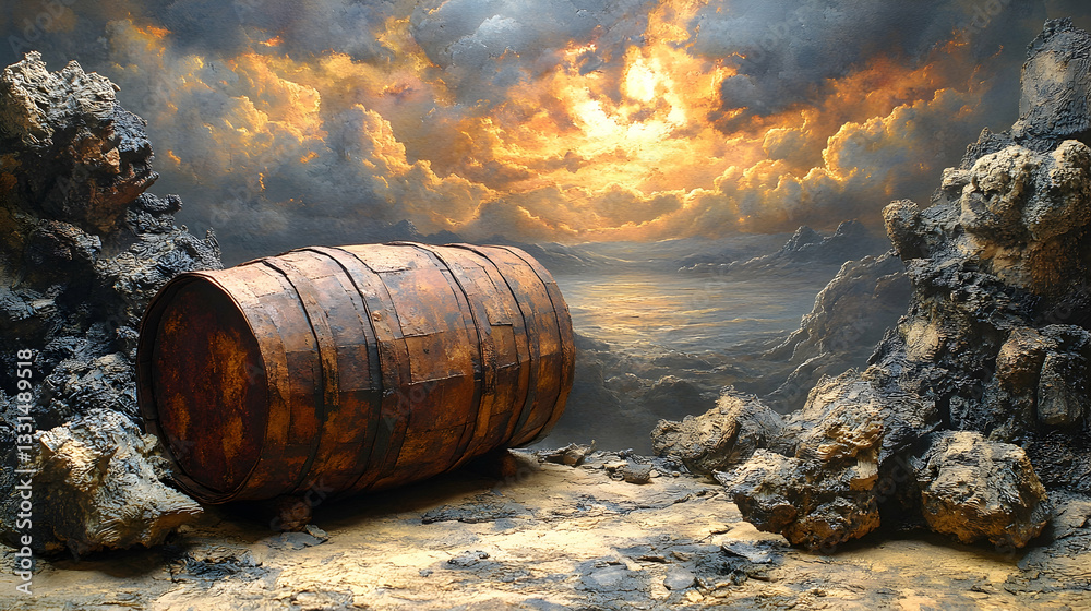 Fototapeta premium Aged wooden barrel on a dramatic landscape