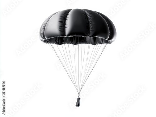 Black parachute descending, isolated background.