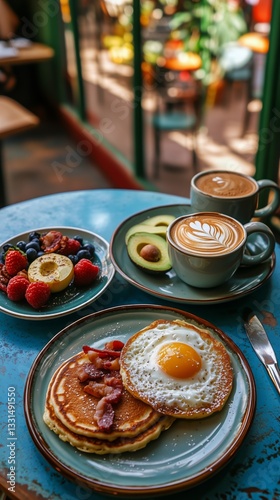 Delicious Breakfast Spread Featuring Pancakes, Bacon, Eggs, Avocados, and Cof...