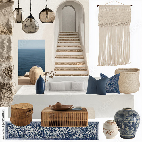 A sophisticated interior design mood board blending coastal/nautical aesthetics with timeless Italian design. The board features a refined Mediterranean-inspired color palette