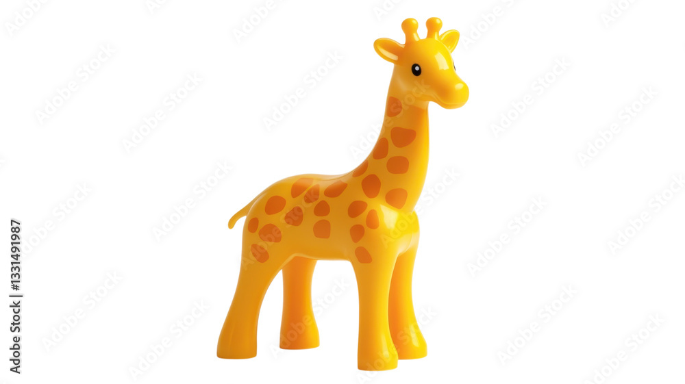 Fototapeta premium Brightly colored giraffe toy stands upright against a plain background, showcasing its playful design and charm in a fun setting