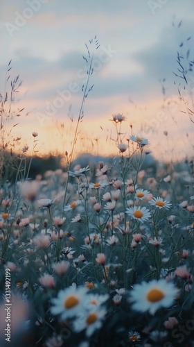 Vibrant Wildflower Field at Sunset With a Picturesque Sky and Blooming Flowers