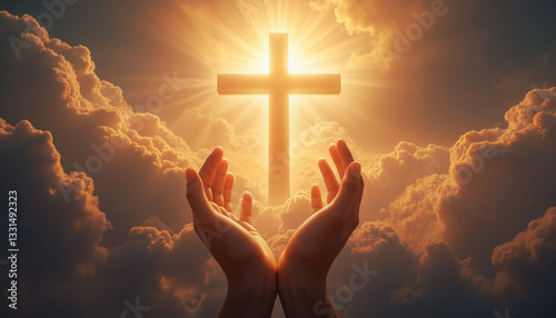 Praying hands lifted toward a radiant cross shining in golden clouds, symbolizing Christian devotion, spiritual awakening, and divine guidance