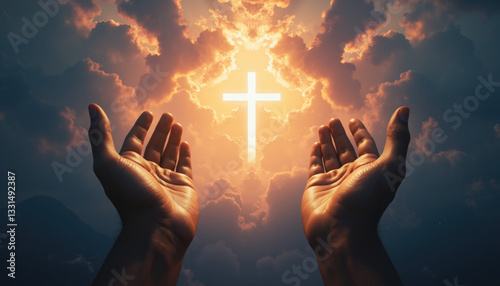 Praying hands lifted toward a radiant cross shining in golden clouds, symbolizing Christian devotion, spiritual awakening, and divine guidance