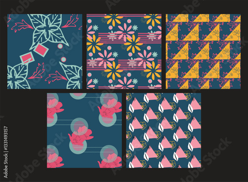 Overlapping Florals With Geometric Shapes Unique Seamless Pattern Bundle A striking blend of floral elegance and geometric precision, offering unique seamless patterns that combine organic blooms with
