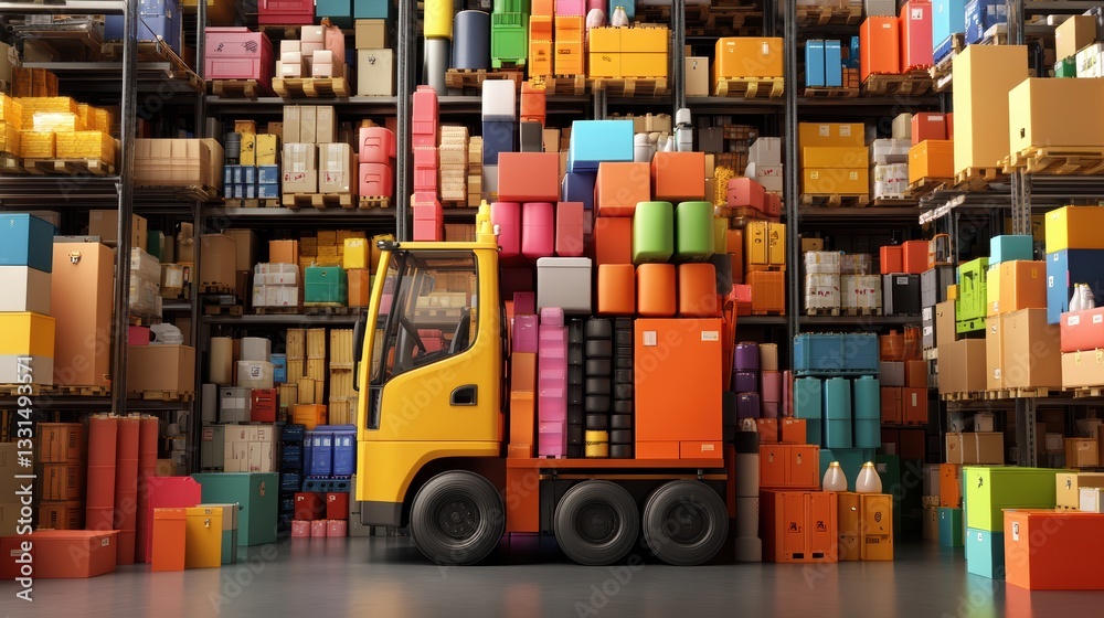 Obraz premium Colorful truck loaded with boxes in warehouse.