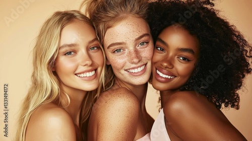 Multiethnic girls of different backgrounds unite, posing for a camera to advertise beauty and skin care products in an aesthetic setting