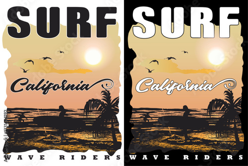 A stunning vector illustration of a California surf scene featuring a sunset, palm trees, and surfers. Perfect for t-shirt prints, posters, and apparel.