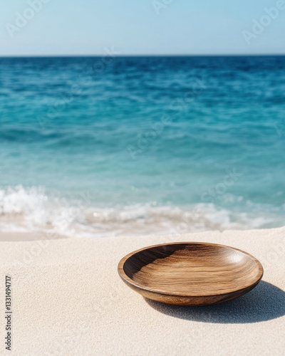 Wooden plate on a white sandy beach with blue ocean waves in the background