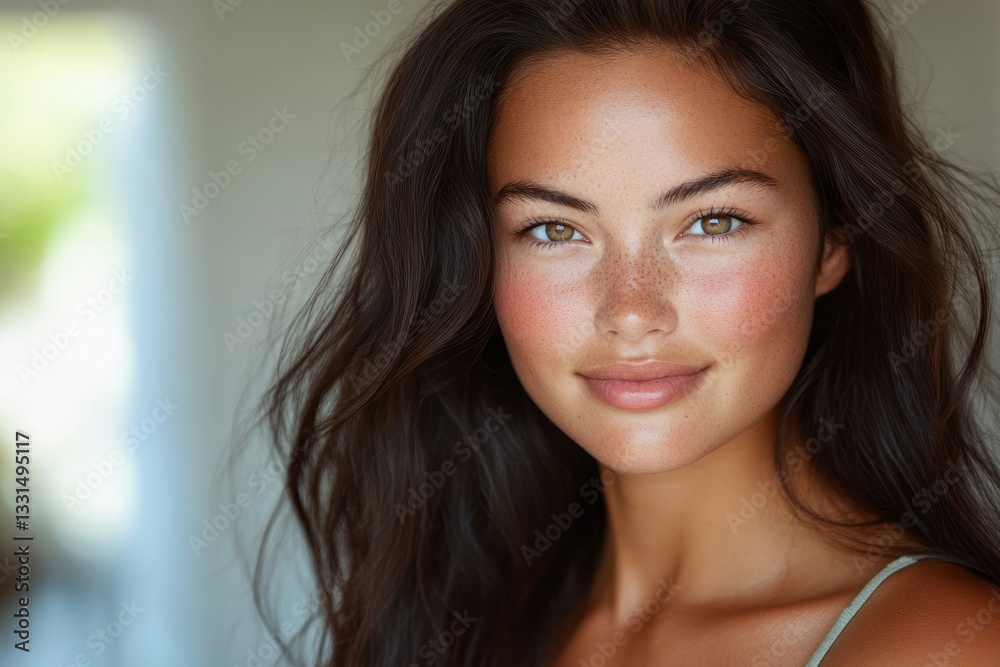 Portrait of a beautiful young woman with freckles smiling softly Portrait of a beautiful young woman with freckles smiling softly